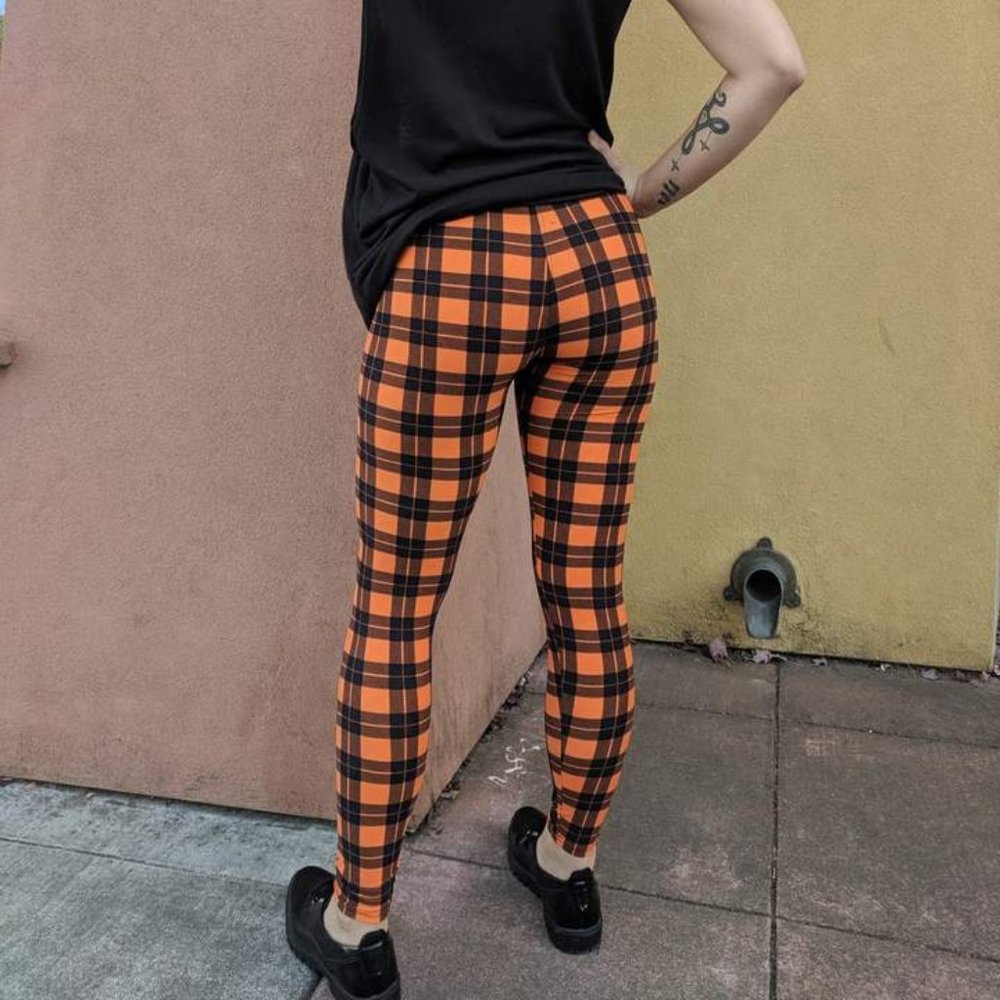 Orange & Black Plaid Leggings Autumn Halloween - Picture 2 of 3